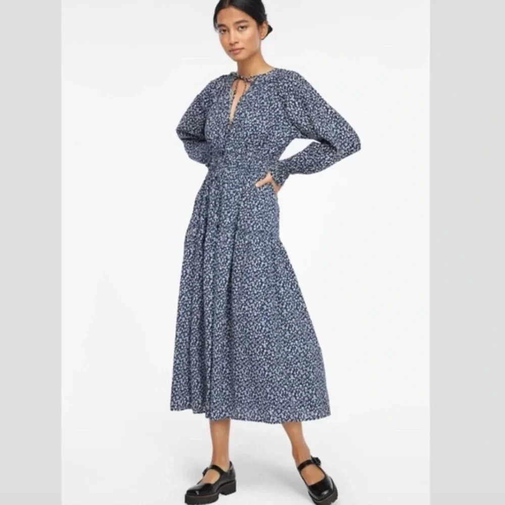 Lacausa Dama Dress Blue Magic Mushroom Print Midi Long Sleeve Resort Coastal S